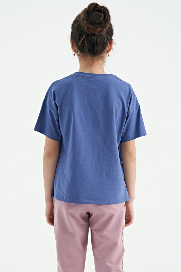 Açık Eflatun Renki Yazı Baskılı O Yaka Oversize Kısa Kollu Kız Çocuk T-Shirt - 75112