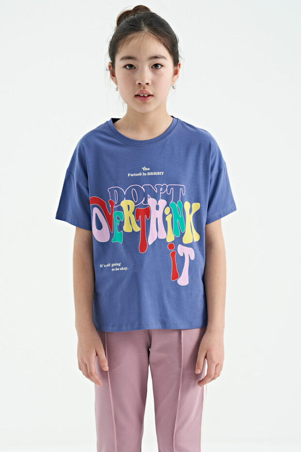 Açık Eflatun Renki Yazı Baskılı O Yaka Oversize Kısa Kollu Kız Çocuk T-Shirt - 75112