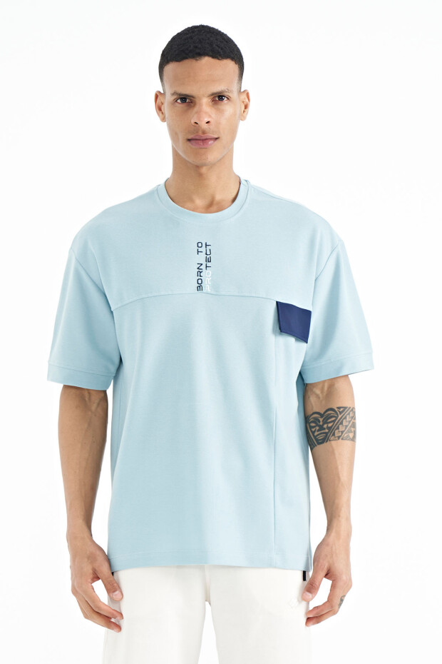 Açık Mavi Gizli Cep Detaylı Baskılı Oversize Erkek T-shirt - 88244