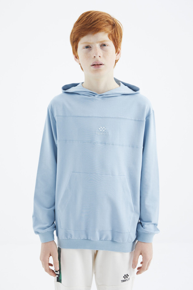 Açık Mavi Kapüşonlu Basic Erkek Çocuk Sweatshirt - 11181