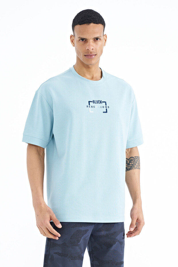 Açık Mavi Yazı Nakışlı O Yaka Oversize Erkek T-Shirt - 88192