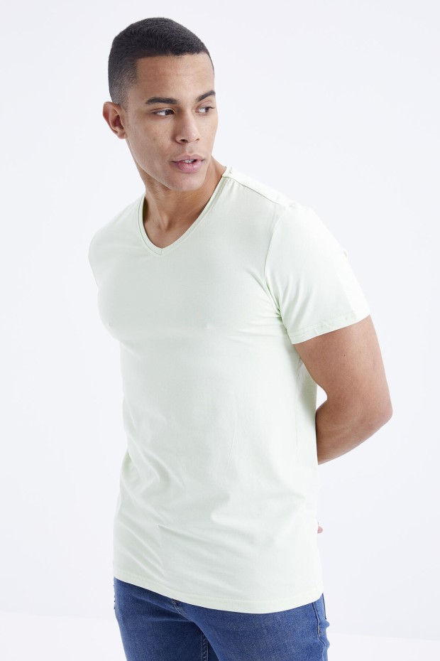 Açık Yeşil Basic Kısa Kol Standart Kalıp V Yaka Erkek T-Shirt - 87912