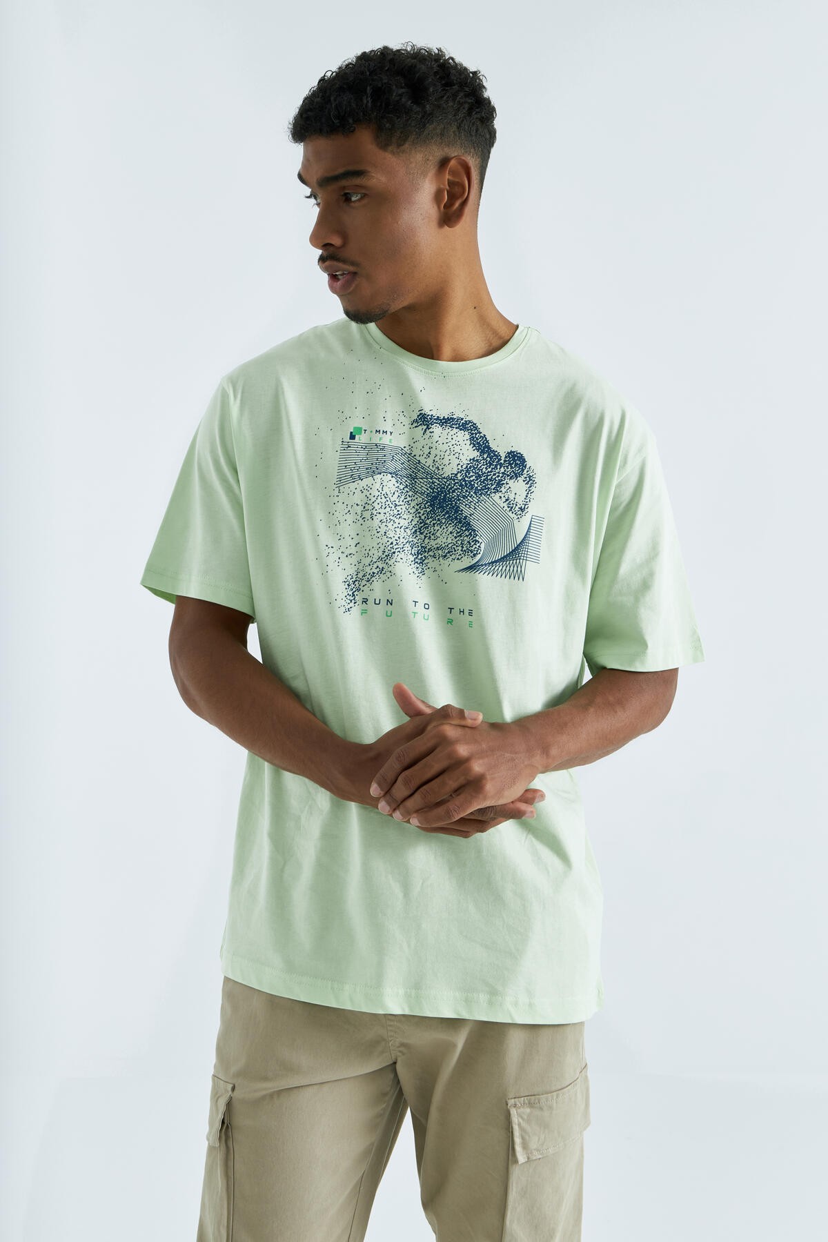 Açık Yeşil Baskı Detaylı O Yaka Erkek Oversize T-Shirt - 88093