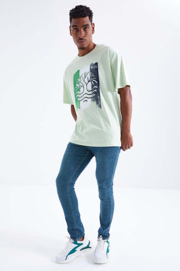 Açık Yeşil Büyük Baskılı O Yaka Erkek Oversize T-Shirt - 88095