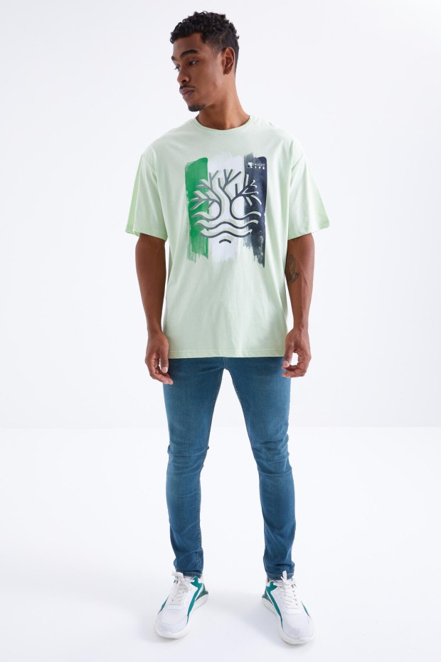 Açık Yeşil Büyük Baskılı O Yaka Erkek Oversize T-Shirt - 88095