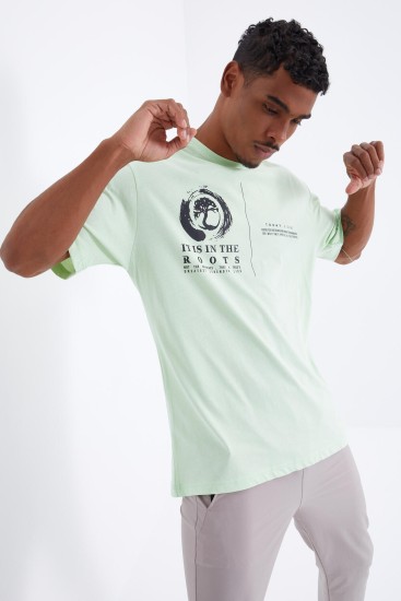 TommyLife - Açık Yeşil Minimal Baskılı O Yaka Erkek Oversize T-Shirt - 88096