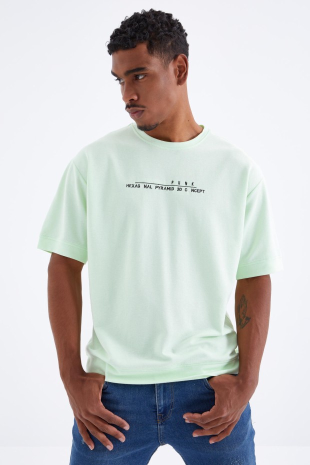 Açık Yeşil Minimal Yazı Nakışlı O Yaka Erkek Oversize T-Shirt - 88106