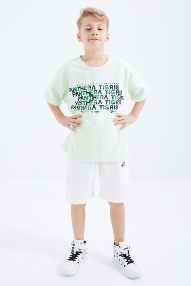 Açık Yeşil Oversize Yazı Baskılı Kısa Kollu O Yaka Erkek Çocuk T-Shirt - 10930
