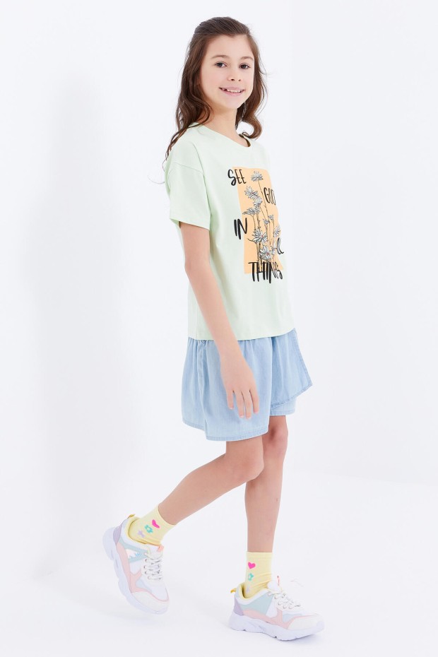 Açık Yeşil Oversize Yazı Baskılı O Yaka Düşük Omuz Kız Çocuk T-Shirt - 75032