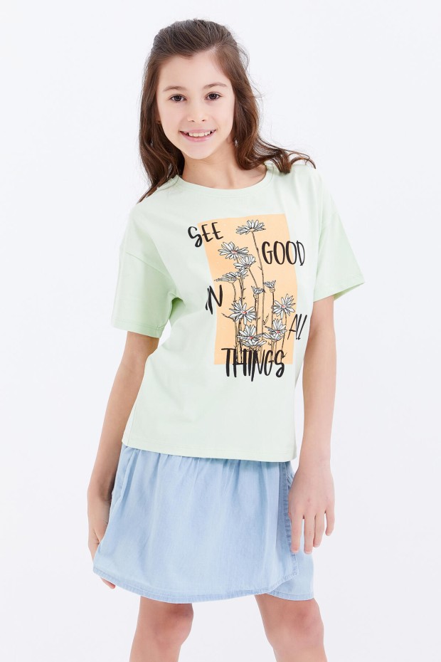 Açık Yeşil Oversize Yazı Baskılı O Yaka Düşük Omuz Kız Çocuk T-Shirt - 75032