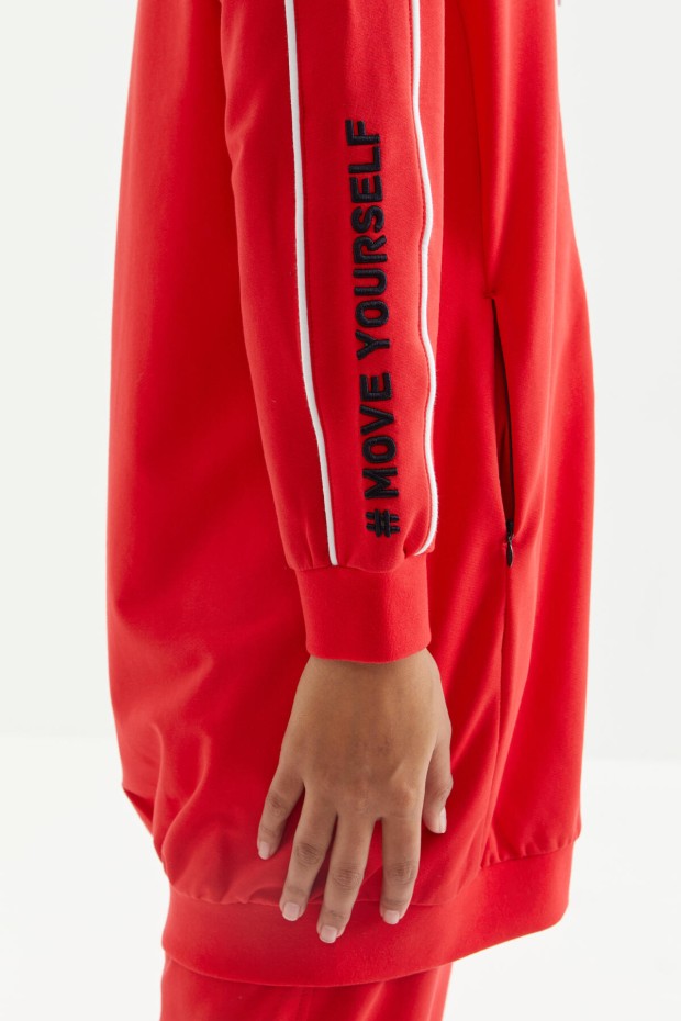 Açık Kırmızı Kapüşonlu Fermuarlı Kolu Yazı Nakışlı Rahat Form Kadın Eşofman Tunik Takım - 95314