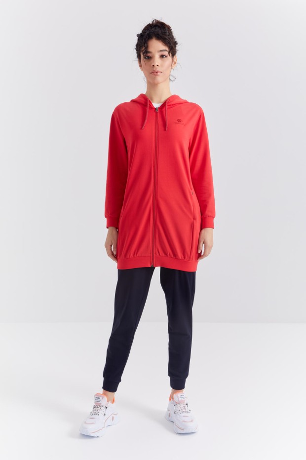 Açık Kırmızı - Lacivert Kapüşonlu Fermuarlı Rahat Form Manşetli Kadın Eşofman Tunik Takım - 95313