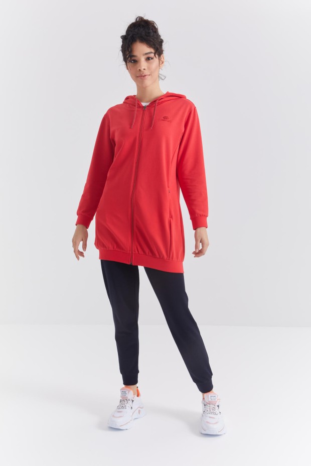 Açık Kırmızı - Lacivert Kapüşonlu Fermuarlı Rahat Form Manşetli Kadın Eşofman Tunik Takım - 95313