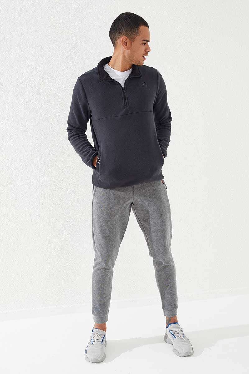 Antrasit Yarım Fermuarlı Sweatshirt Slim Fit Dik Yaka Erkek Polar - 87891