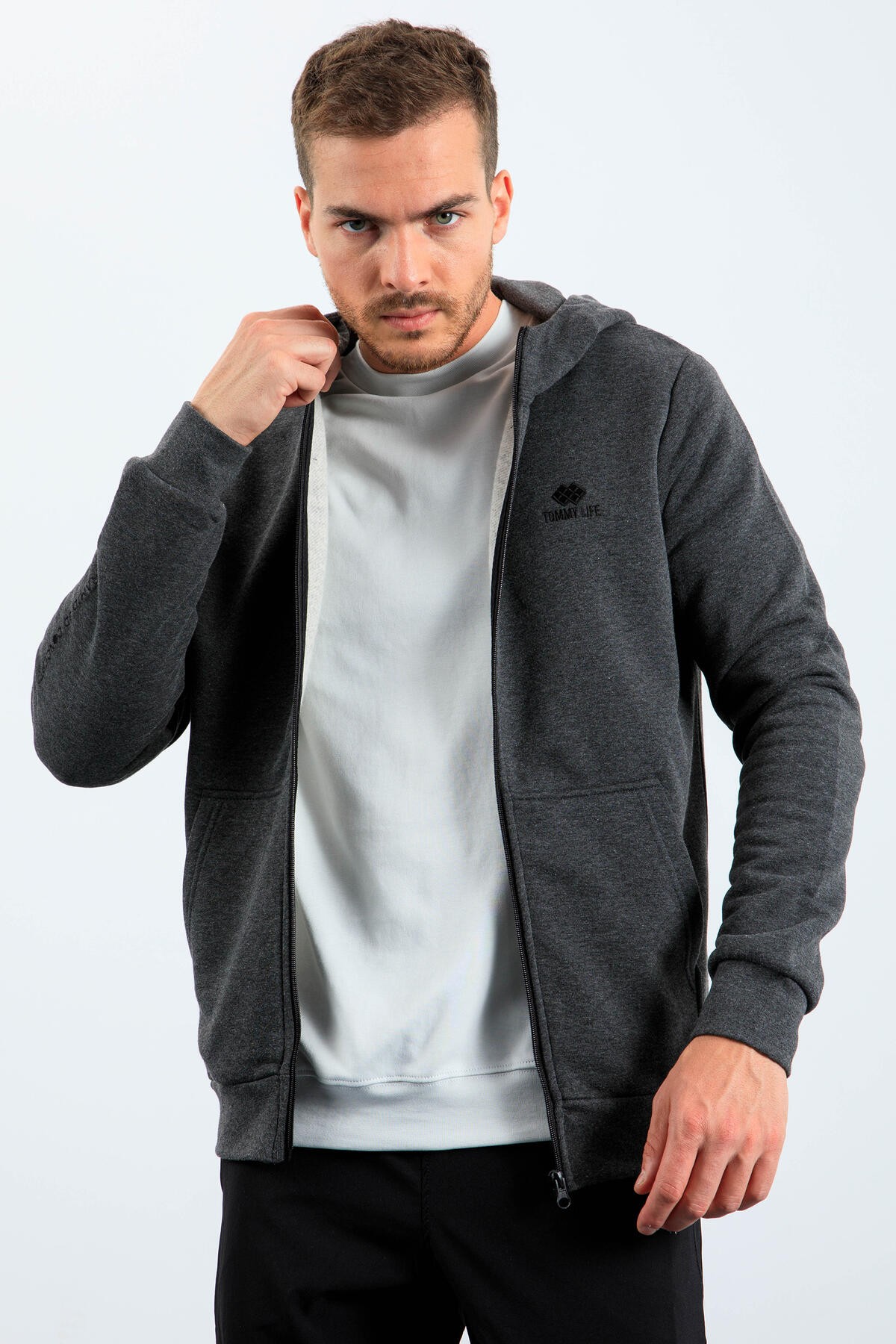 Antrasit Melanj Basic Kapüşonlu Rahat Form Nakış Detaylı Fermuarlı Erkek Sweatshirt - 88035