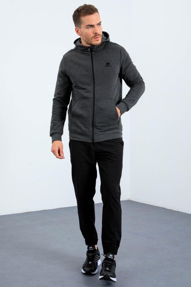 Antrasit Melanj Basic Kapüşonlu Rahat Form Nakış Detaylı Fermuarlı Erkek Sweatshirt - 88035 - Thumbnail
