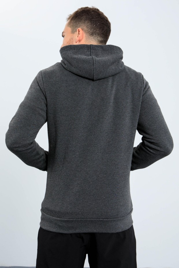 Antrasit Melanj Basic Kapüşonlu Rahat Form Nakış Detaylı Fermuarlı Erkek Sweatshirt - 88035 - Thumbnail