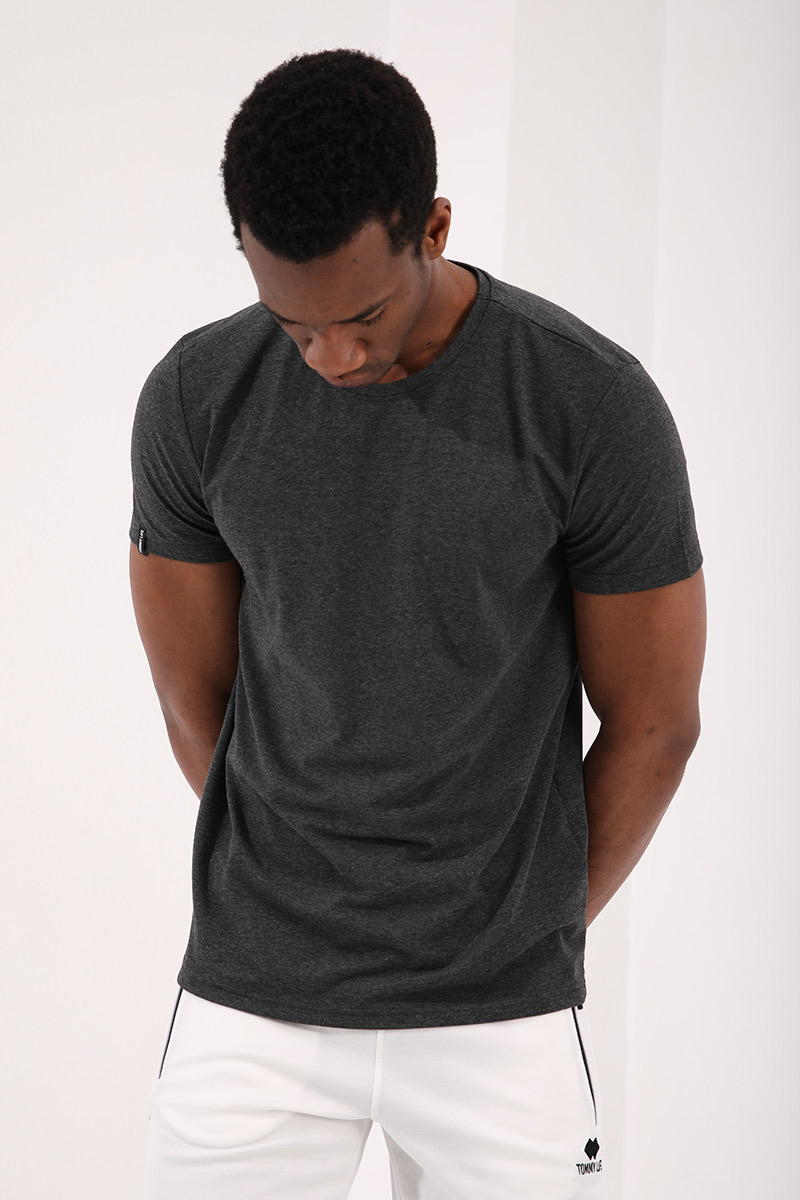 Antrasit Melanj Erkek Basic Kısa Kol Standart Kalıp O Yaka T-shirt - 87911