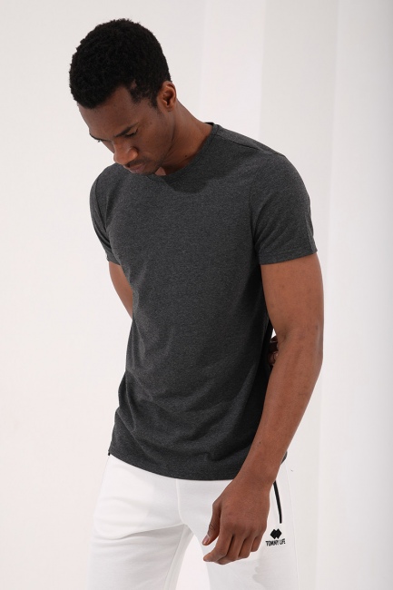 Antrasit Melanj Erkek Basic Kısa Kol Standart Kalıp O Yaka T-shirt - 87911 - Thumbnail