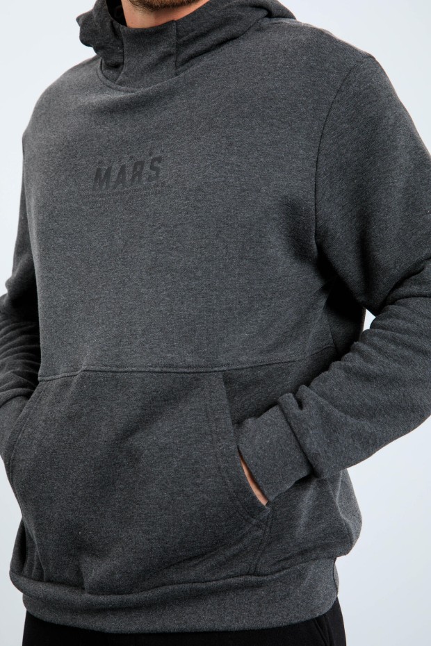Antrasit Melanj Mars Yazı Ve Sırt Baskılı Kapüşonlu Rahat Form Erkek Sweatshirt - 88032