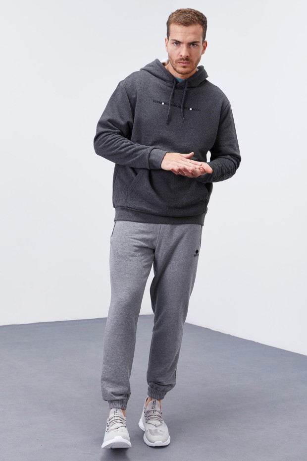Antrasit Melanj Kol Baskılı Kapüşonlu Rahat Form Erkek Sweatshirt - 88038
