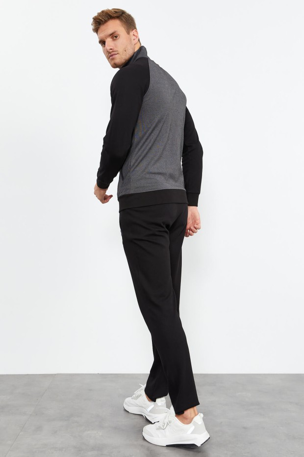 Antrasit - Siyah Dik Yaka Çift Renk Rahat Form Klasik Paça Erkek Eşofman Takımı - 85113