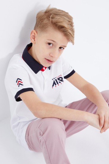 TommyLife - Beyaz Air Yazılı Standart Kalıp Polo Yaka Erkek Çocuk T-Shirt - 10894
