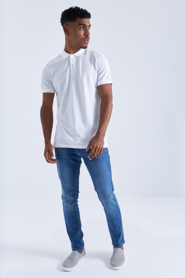 Beyaz Basic Logolu Standart Kalıp Triko Polo Yaka Erkek T-Shirt - 87748
