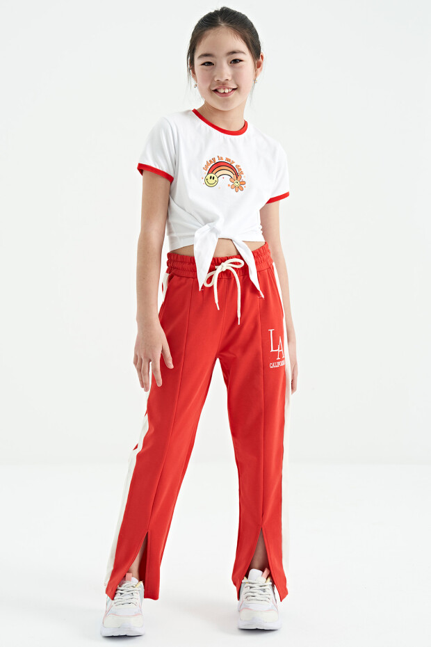 Beyaz Baskı Detaylı O Yaka Çok Renkli Bağlama Detaylı Kız Çocuk T-Shirt - 75113