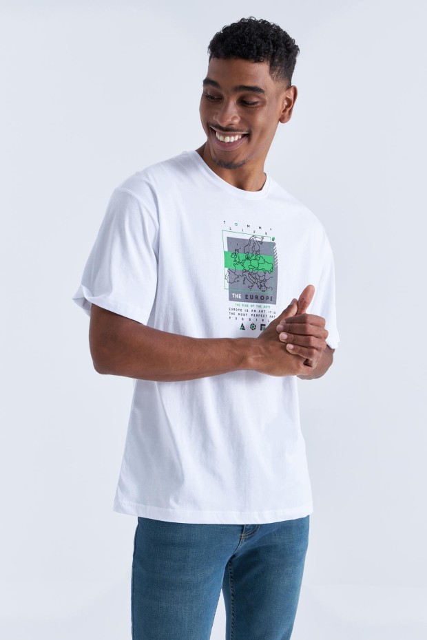 Beyaz Baskı Detaylı O Yaka Erkek Oversize T-Shirt - 88094