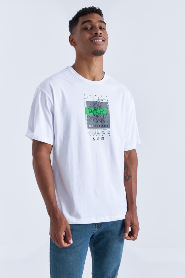 Beyaz Baskı Detaylı O Yaka Erkek Oversize T-Shirt - 88094