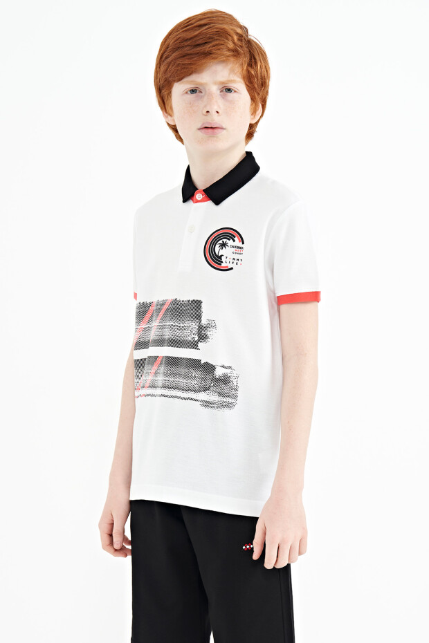 Beyaz Baskı Detaylı Polo Yaka Standart Kalıp Erkek Çocuk T-Shirt - 11094