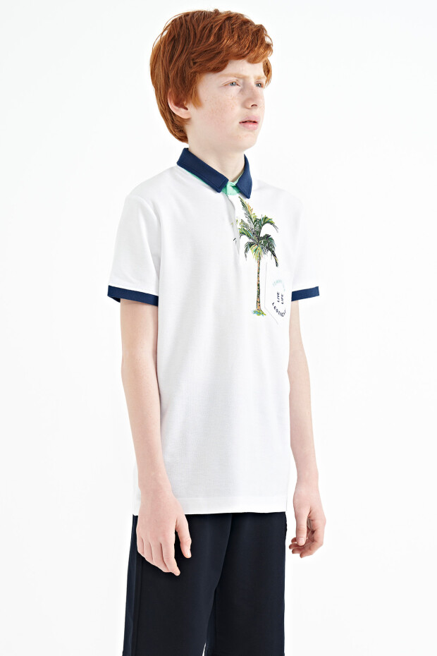 Beyaz Baskılı Cep Detaylı Standart Kalıp Polo Yaka Erkek Çocuk T-Shirt - 11144