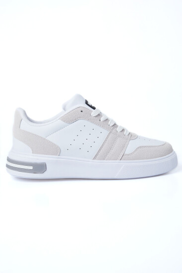 Beyaz - Bej Süet Detaylı Yüksek Taban Bağcıklı Renk Bloklu Erkek Spor Ayakkabı - 89119 - Thumbnail
