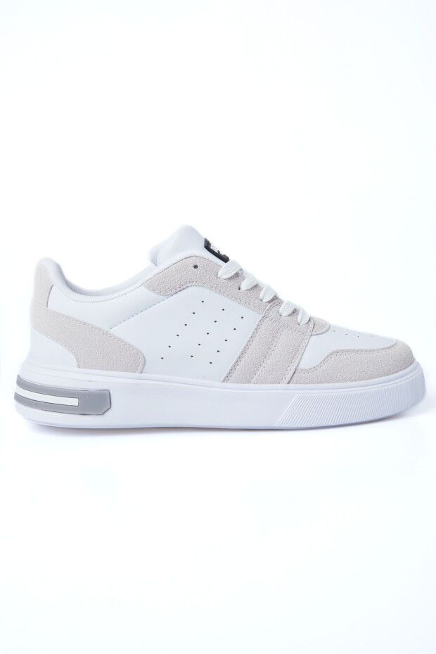 Beyaz - Bej Süet Detaylı Yüksek Taban Bağcıklı Renk Bloklu Erkek Spor Ayakkabı - 89119