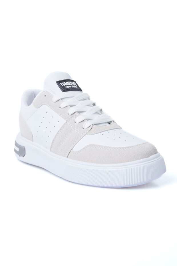 Beyaz - Bej Süet Detaylı Yüksek Taban Bağcıklı Renk Bloklu Erkek Spor Ayakkabı - 89119