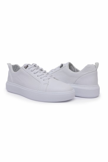 Beyaz Delikli Bağcıklı Suni Deri Erkek Spor Ayakkabı - 89055 - Thumbnail