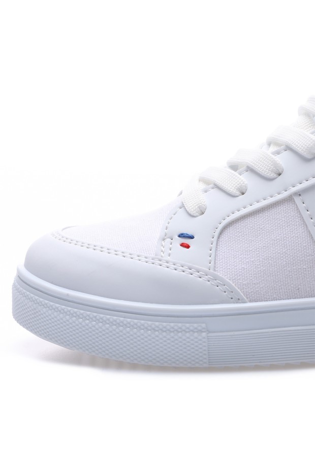 Beyaz Bağcıklı Suni Deri Detaylı Erkek Spor Ayakkabı - 89065