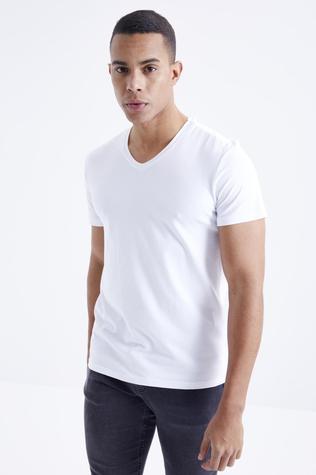 Beyaz Basic Kısa Kol Standart Kalıp V Yaka Erkek T-Shirt - 87912