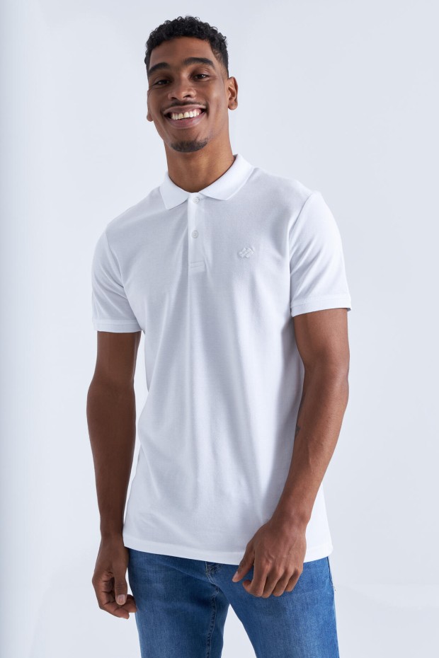 TommyLife - Beyaz Basic Logolu Standart Kalıp Triko Polo Yaka Erkek T-Shirt - 87748