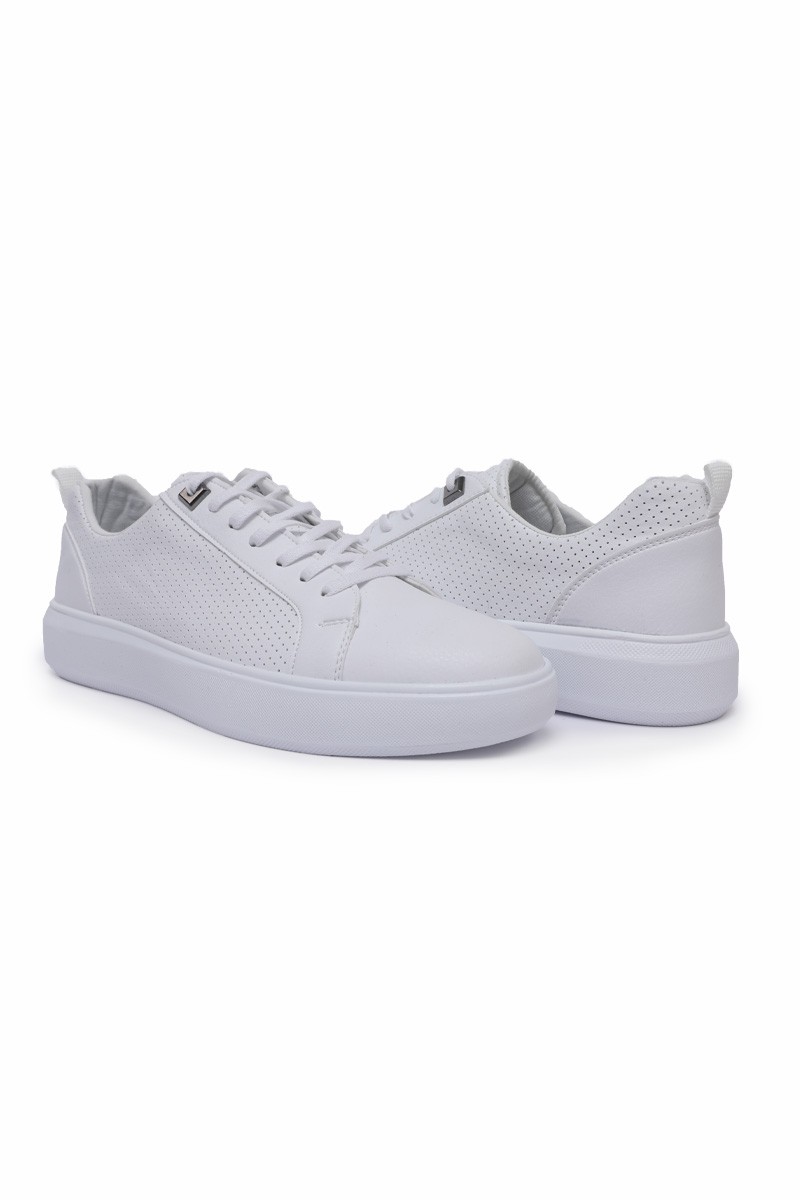 Beyaz Delikli Bağcıklı Suni Deri Erkek Spor Ayakkabı - 89055