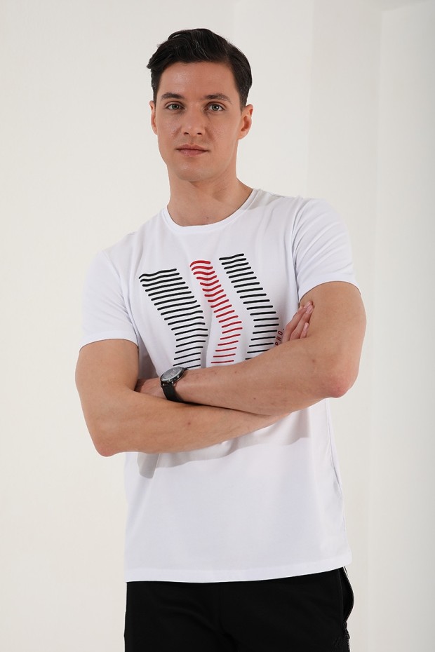 TommyLife - Beyaz Karışık Harf Rakam Baskılı Rahat Form O Yaka Erkek T-Shirt - 87960