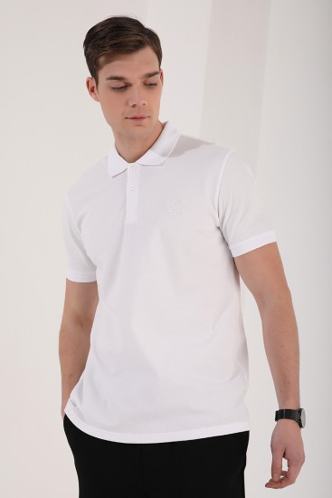 TommyLife - Beyaz Klasik Black Yazı Nakışlı Standart Kalıp Polo Yaka Erkek T-Shirt - 87760