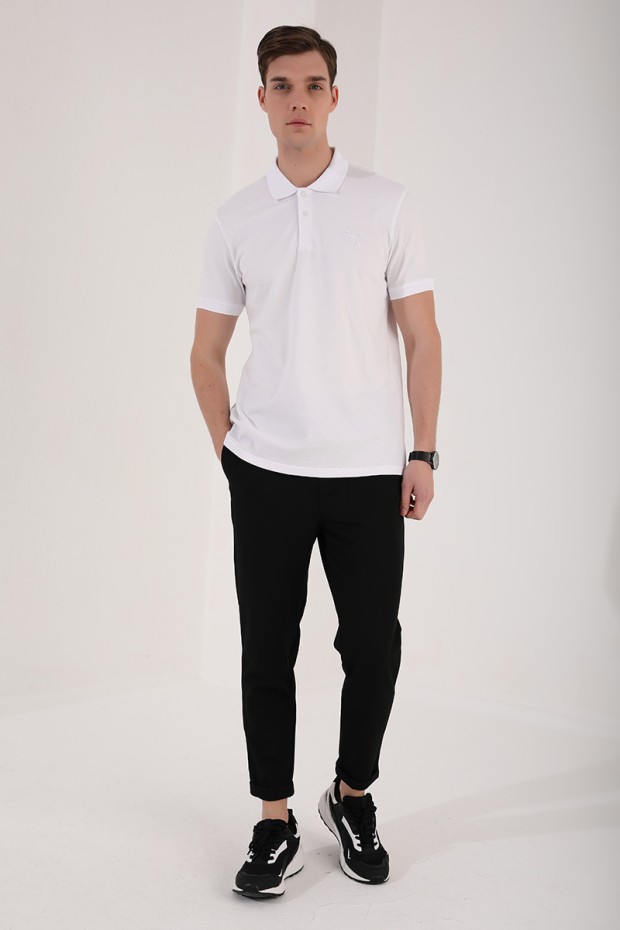 Beyaz Klasik Black Yazı Nakışlı Standart Kalıp Polo Yaka Erkek T-Shirt - 87760 - Thumbnail