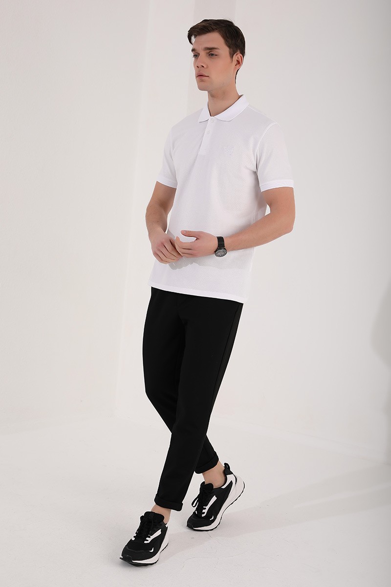 Beyaz Klasik Black Yazı Nakışlı Standart Kalıp Polo Yaka Erkek T-Shirt - 87760