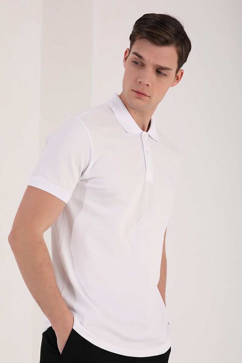 Beyaz Klasik Black Yazı Nakışlı Standart Kalıp Polo Yaka Erkek T-Shirt - 87760