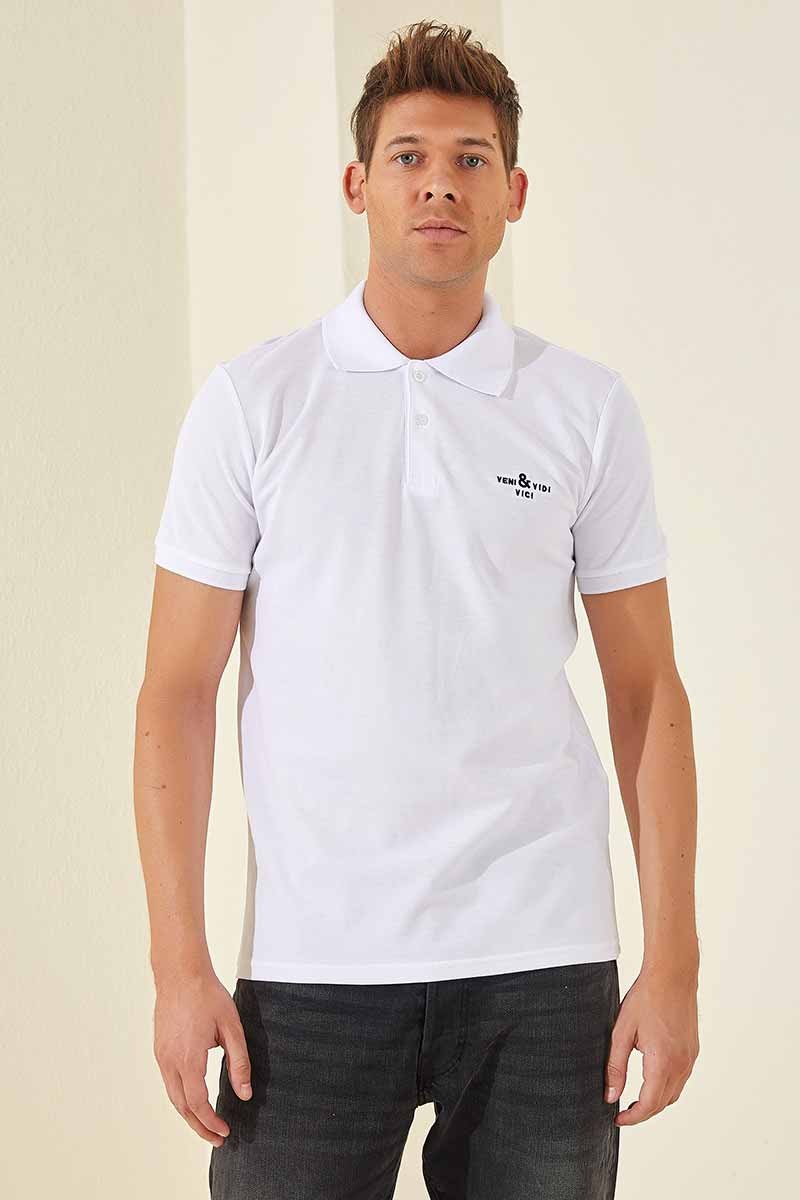 Beyaz Klasik Kısa Kol Standart Kalıp Polo Yaka Erkek T-Shirt - 87787