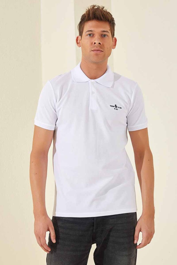 Beyaz Klasik Kısa Kol Standart Kalıp Polo Yaka Erkek T-Shirt - 87787 - Thumbnail