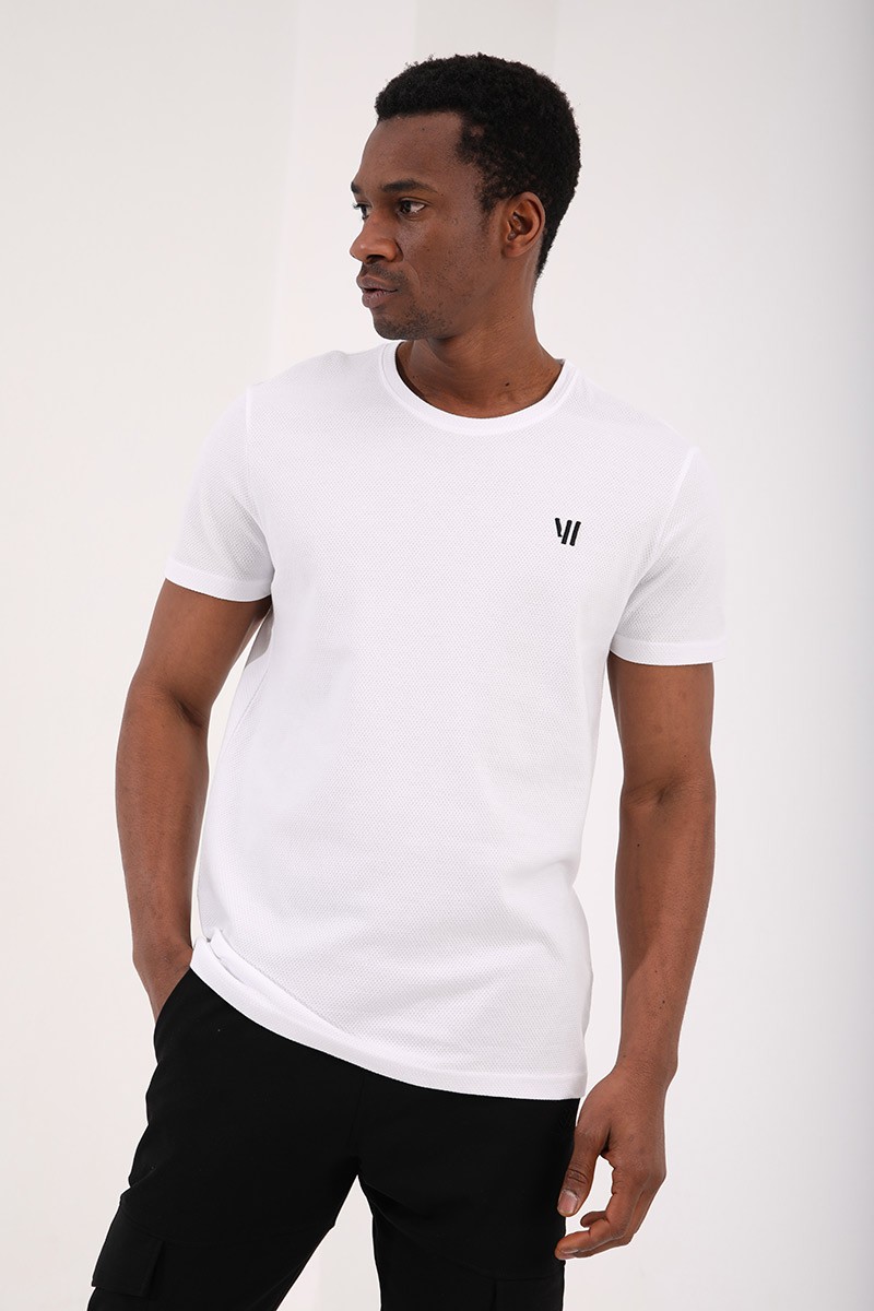 Beyaz Petek Dokulu Çift Ok Logolu Standart Kalıp O Yaka Erkek T-Shirt - 87921