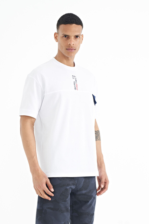 Beyaz Gizli Cep Detaylı Baskılı Oversize Erkek T-shirt - 88244